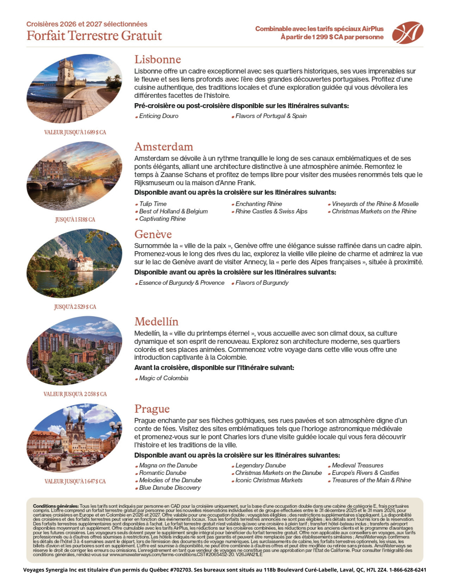 Promotion AmaWaterways Croisière Fluviale - Forfaits Terrestres Gratuits sur certains départs en 2026 et 2027 avec Voyages Aqua Terra Donnacona AMAWATEREWAYS PROMOTION Flyer SECTION-1b Flyer fr
