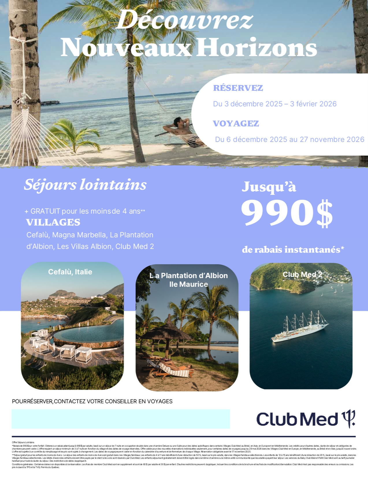 Promotions Club Med Offre Séjours Lointains Jusqu'à 990$ de rabais avec Voyages Aqua Terra Donnacona CLUB MED PROMOTION Flyer SECTION-3B FR