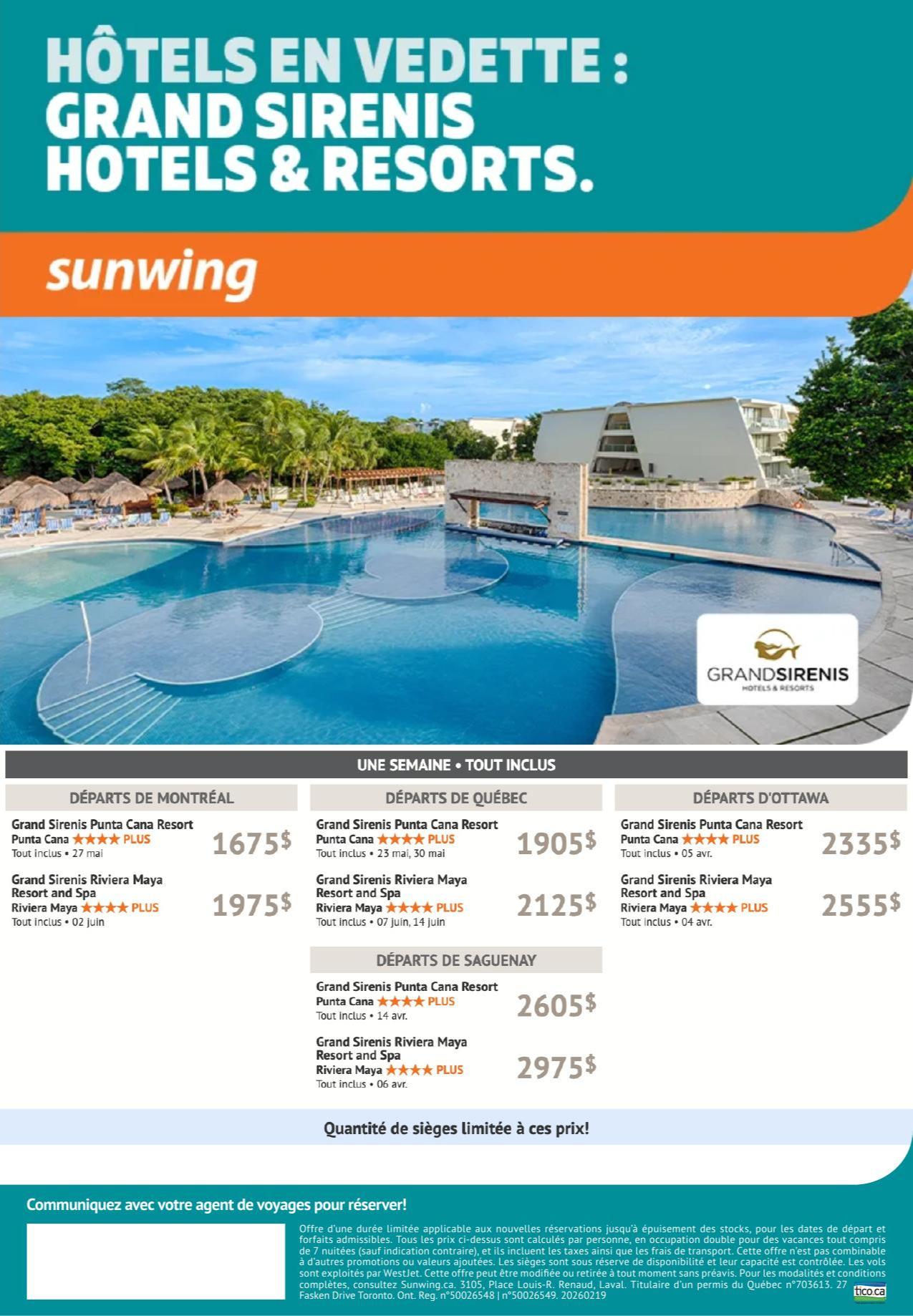 Promotion Vacance Sunwing Hôtels en vedette Grand Sirenis avec Voyages Aqua Terra Donnacona Promotion Vacance Sunwing Hôtels en vedette Grand Sirenis avec Voyages Aqua Terra Donnacona