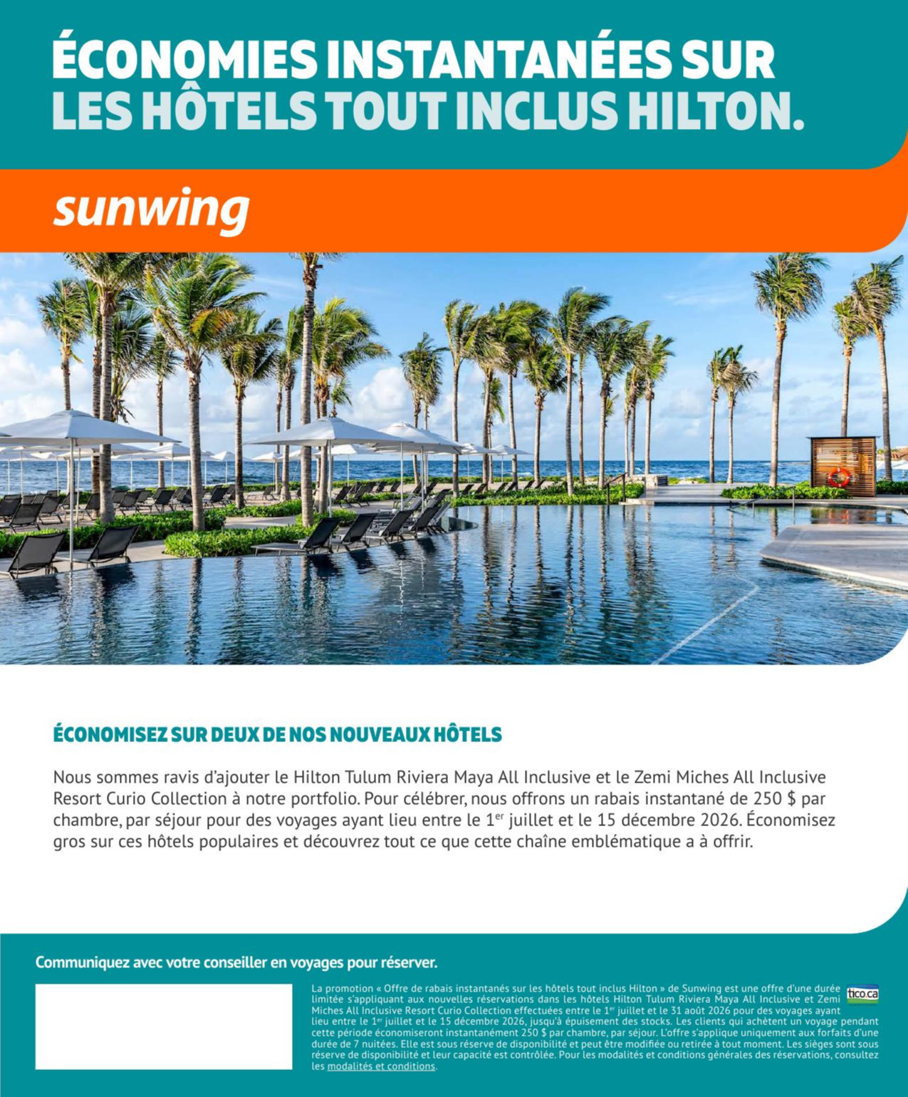 Promotion Sunwing Économies instantanées sur le hôtels tout inclus Hilton avec Voyages AquaTerra Donnacona Promotion Sunwing Économies instantanées sur le hôtels tout inclus Hilton avec Voyages AquaTerra Donnacona