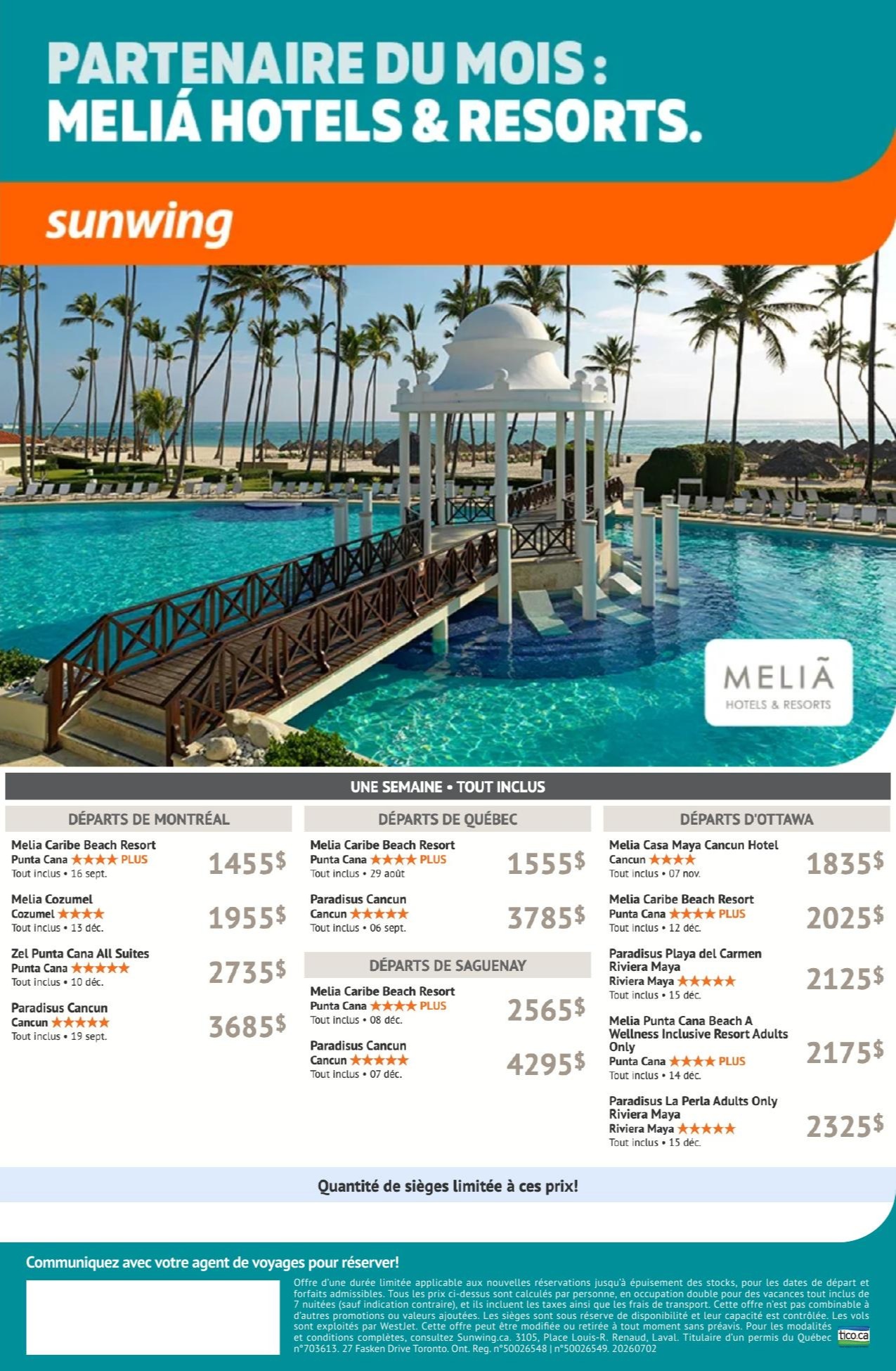 Promotion Sunwing partenaire du mois : Melia Hotels & Resorts avec Voyages AquaTerra Donnacona Promotion Sunwing partenaire du mois : Melia Hotels & Resorts avec Voyages AquaTerra Donnacona
